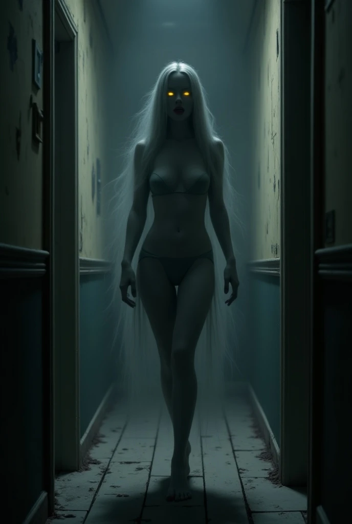 Create a creature that looks like a horrifying woman with long nails, revealing her deformed face with a sewn mouth and deep-set eyes in an abandoned and old house attacking three male teenagers