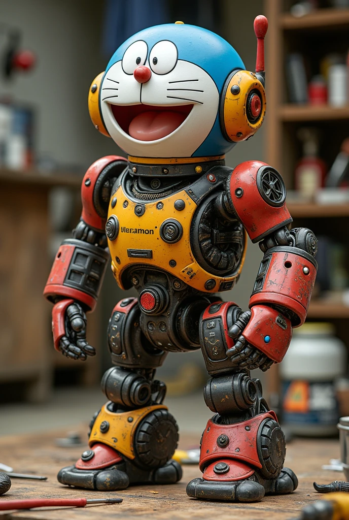 A hyper-realistic depiction of a robot resembling Doraemon, showcasing intricate mechanical details and components, in a creative workspace with tools and materials scattered around, emphasizing the process of creation. The robot should have a friendly expression and vibrant colors, with a focus on the robotic parts and textures.