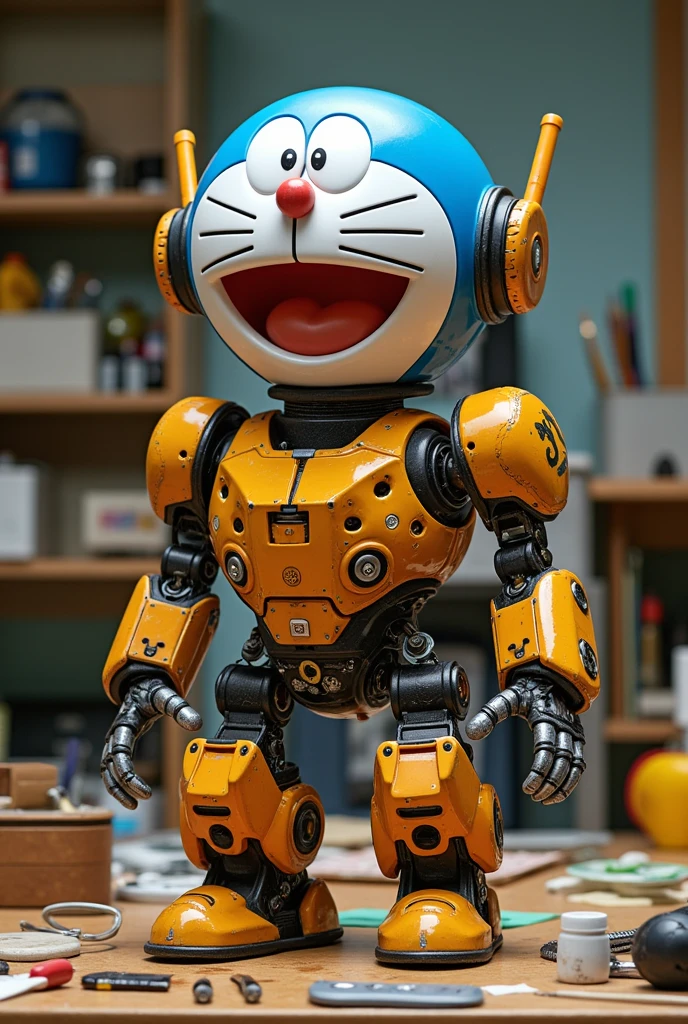 A hyper-realistic depiction of a robot resembling Doraemon, showcasing intricate mechanical details and components, in a creative workspace with tools and materials scattered around, emphasizing the process of creation. The robot should have a friendly expression and vibrant colors, with a focus on the robotic parts and textures.