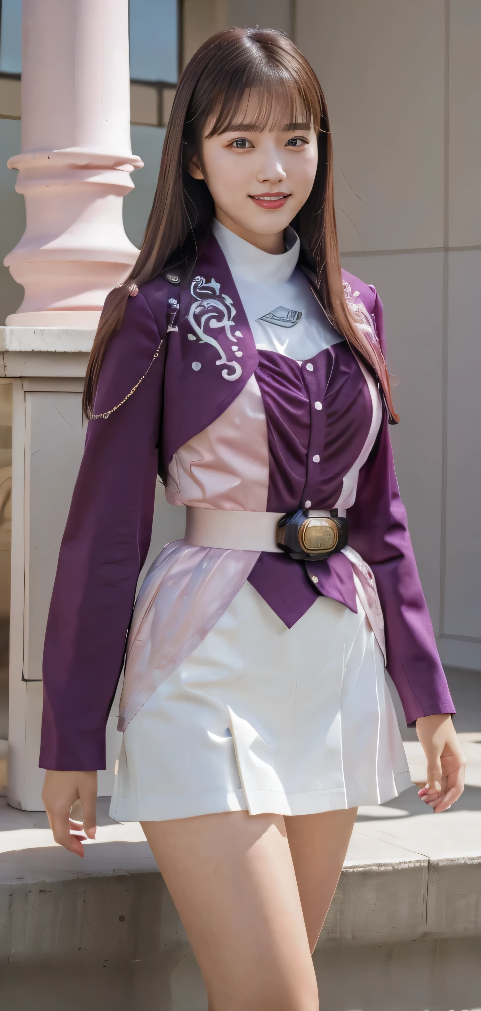 (extremely detailed CG), (best quality), (((1girl))), (((solo))), perfect face,  shiny skin, button off to chest, wide hips, narrow waist,jacket,long sleeves, mini skirt, belt, black hair,smile, lying on bed