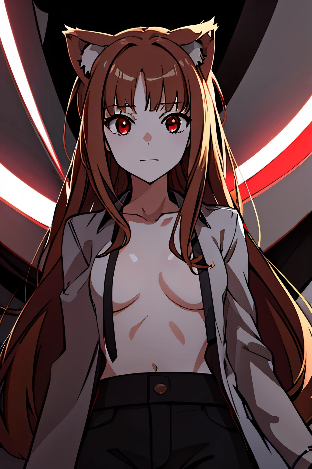 Holo
Red eyes,
 small breasts, open shirt showing breasts.
