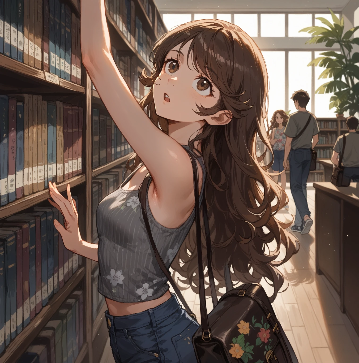 Best quality, masterpiece, stoic, very long hair, brown hair, (((swept bangs))), brown eyes, toned arms, small breasts, strapless pink shirt with yellow pocket, jeans, satchel, sneakers, reaching up for book on shelf, library with teal walls, potted tropical plants, people in background,