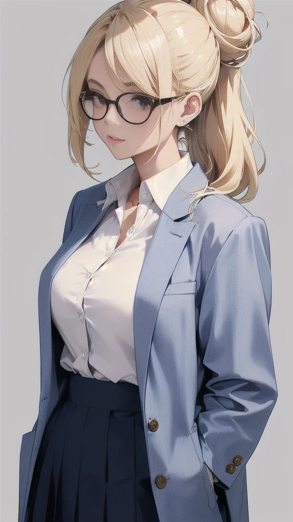 Blonde woman wearing glasses.   Shes wearing a white button down and navy blue jacket with a skirt.   Her hair is up in a messy bun