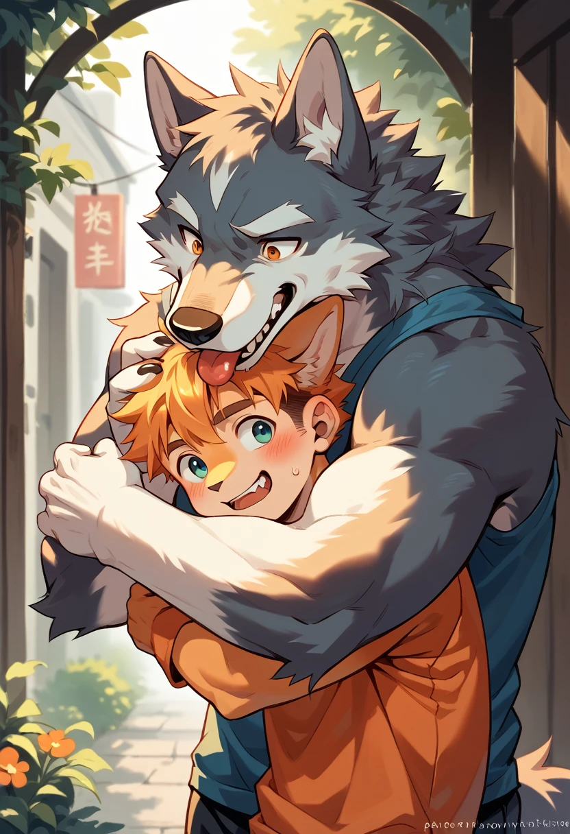 Duo, anime, shading, anthro, male, ((young)), orange fluffy wolf hugging short white wolf character, standing, embarrassed white wolf, (happy orange wolf), (orange wolf character licking white wolf character's head), (hug)