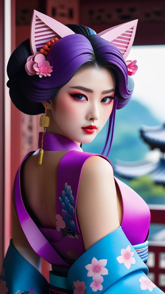 Paper-cut art,architecture,masterpiece,high quality,Super detailed,Super exquisite,8k,Chinese Geisha with cat ears, big breasts, cleavage, looking at viewer, arms behind back, ulzzang, portrait, sexy, submissive, ((seductive)), ((heavy blushing)), shy, tease, purple hair, blue eyes, Sharp focus,