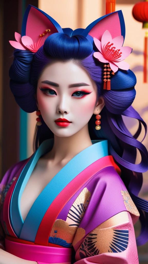 Paper-cut art,architecture,masterpiece,high quality,Super detailed,Super exquisite,8k,Chinese Geisha with cat ears, big breasts, cleavage, looking at viewer, arms behind back, ulzzang, portrait, sexy, submissive, ((seductive)), ((heavy blushing)), shy, tease, purple hair, blue eyes, Sharp focus,