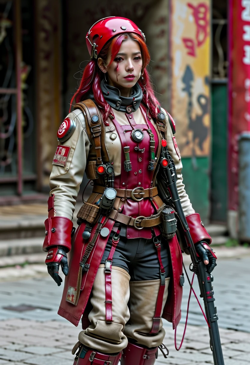 Full body from head to toe, post-apocalyptic, high resolution, 1 woman, Solo, (Detailed face),Red hair, Long closed in back hair, military Nurse outfit, drops of blood on arm, red and black clothe, aiming assault rifle, mechanical, Metal surface on clothe for protection, Digital display, Streamlined Design , Digital Creatures, biomechanical, Glass visor, bravery pose , Invisible Circuits, Colorful wires ,scarf, long boots wit red light, headset with antenna and headband medical sight, medical box in waist, Medical doubt device, electric shock device to revive the heart in front of the character's chest should be designed accurately and advanced.
