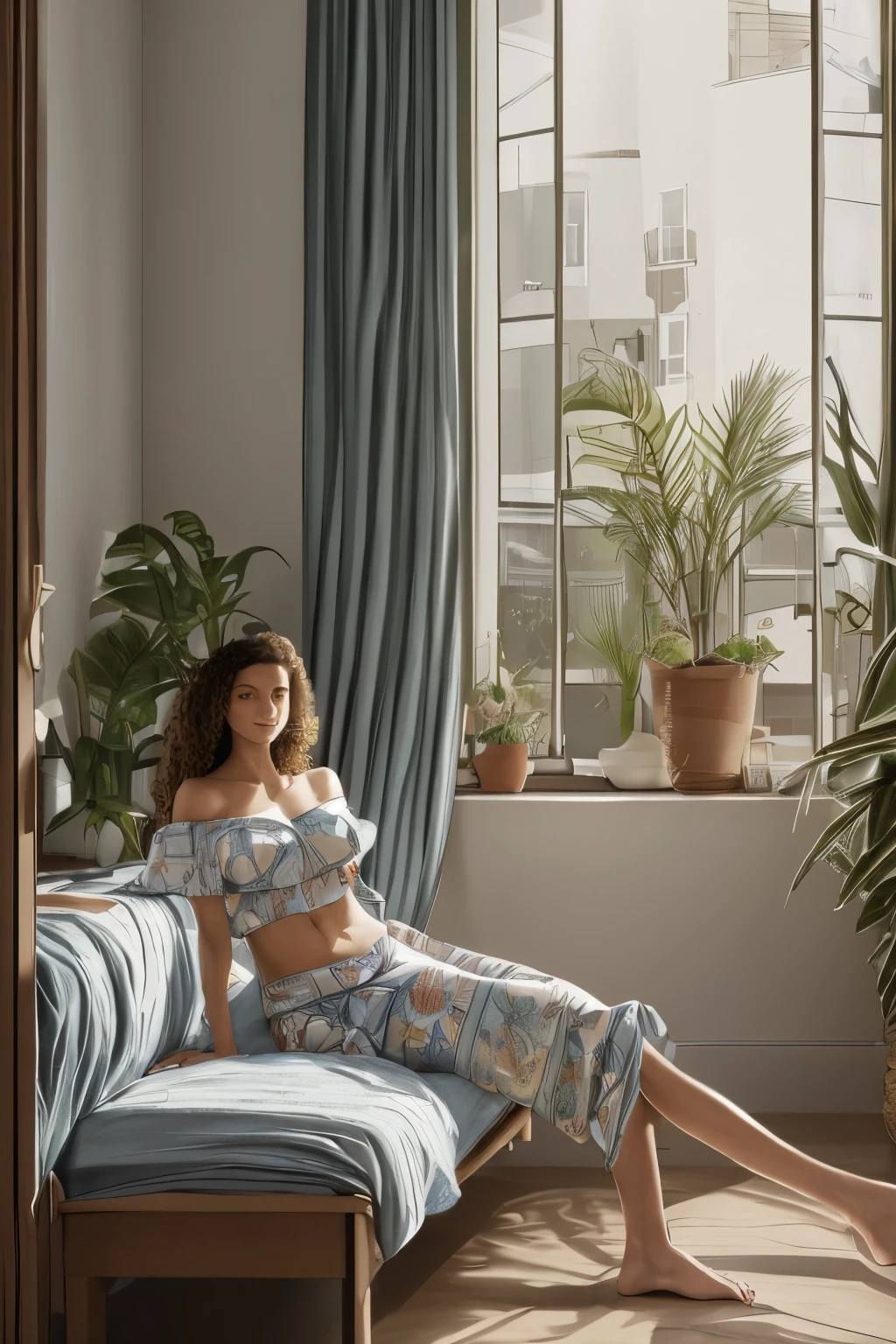 (photorealism:1.2), beautiful woman, sitting on bed, wearing loose off-shoulder top, pajama pants, long curly hair, indoors, soft lighting, plants in background, window with sunlight, cozy room, relaxed pose, realistic, intricate details, warm colors, by Greg Rutkowski, by Alphonseangelawhite, woman stripped naked sunbathing) Mucha