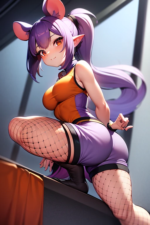 Entrapta, smiling, embarrassed, long purple hair, twin ponytails, red eyes, wearing tube top, wearing booty shorts