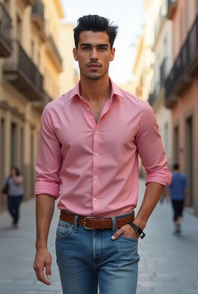An illustration of a Greek god with a muscular build and a short beard., HdR., Styled in modern western attire., Profile,. He has a diferent color pink shirt and diferent colors jeans, strong and muscular legs, big lump .. real, realistic expression is confident and charming..............short hair.............., with a hint of a smile. The setting is Delphi, with white flowers..........................., evoking a classic cold atmosphere, without ceasing to maintain the powerful and regal aura of the god.ojos perfectos,
Big ass, pelo corto , nalgon, close up, chaleco color apricot and white con adornos dorados.metalicos, gran hebilla del cinturón dorada super fashion moda todo adorable, 30 años de edad
Dos hombres guapos