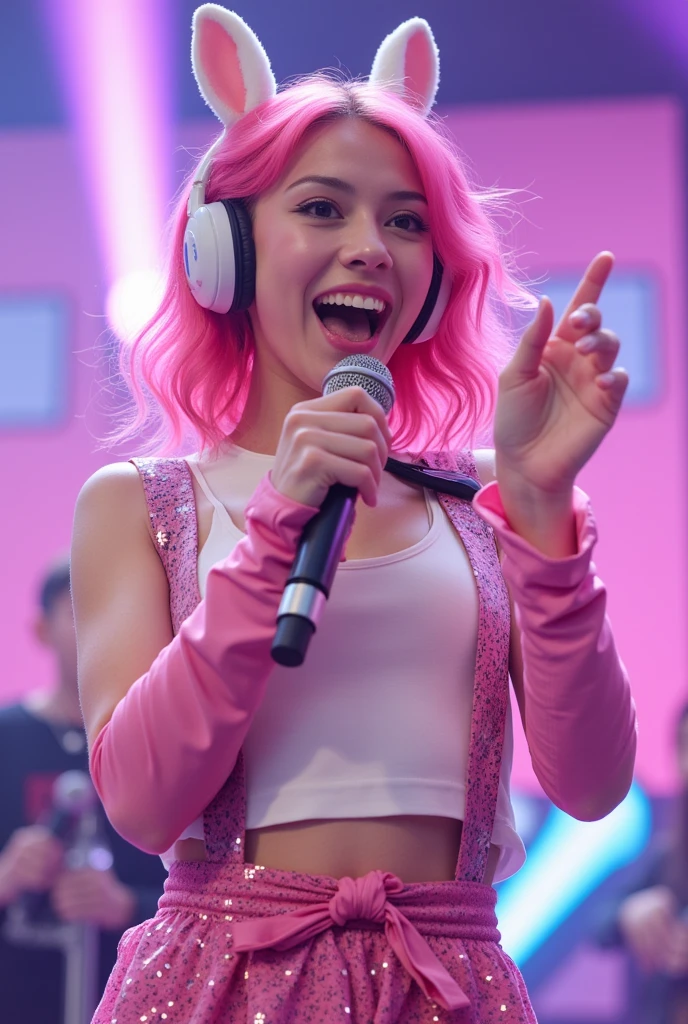 a woman with pink hair and a pink top on a stage with lights behind her and a microphone in her hand, holding instrument, aestheticism, smile,
masterpiece, best quality, <lora:add_detail:1>, <lora:contrast_slider_v10:1> <lora:backlight_slider_v10:-1><lora:add_sharpness:1.0><lora:add_sharpness:1.0>