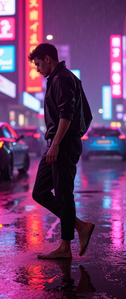 (masterpiece,  Best quality ,  High resolution, 32k unity wallpaper,  extremely detailed CG:1), (Weak illustration on stage:1.0), ((A handsome young cyberpunk :1. 5 dancing in the rain :1.7 )),(( Cyberpunk Night City:1.4)),  Neon signs of futuristic cars ,dark place rain, (( Wet clothes magenta neon lights illuminating the young man perfectly:1.45) . 32k