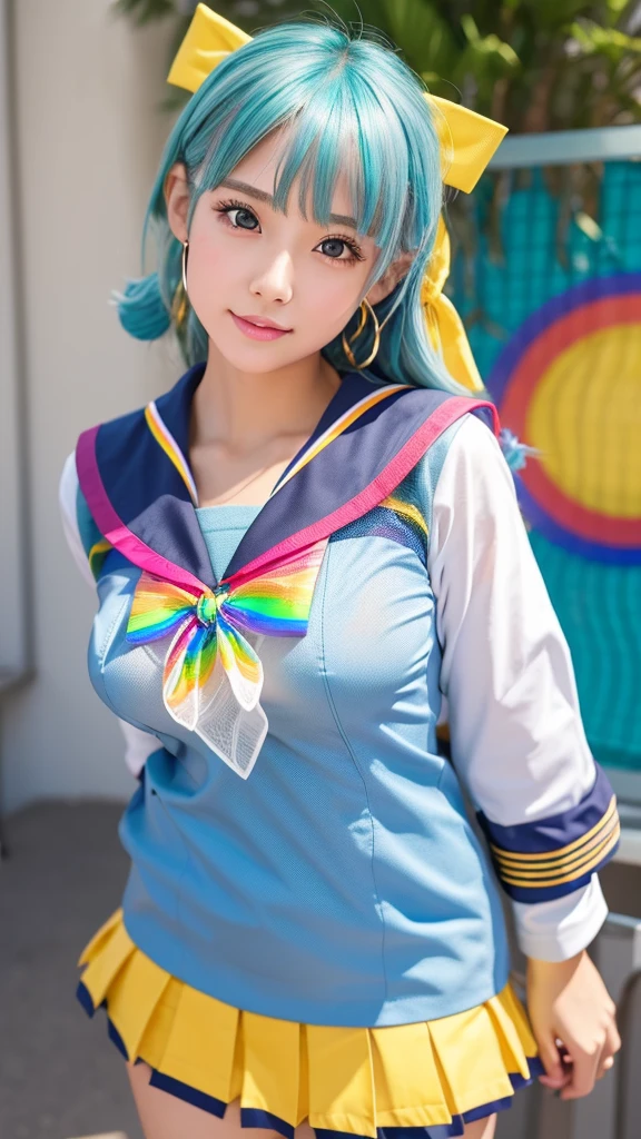 eyeslashes,Big breasts Hatsune Miku,extremelydetailedface,brunette color hair、校服、Pink sailor collar、Glazed eyes、Sailor collar、Blue sky、longer sleeves、Yellow shirt、looking at viewert、closing the mouth、Cat ears、pleatedskirt