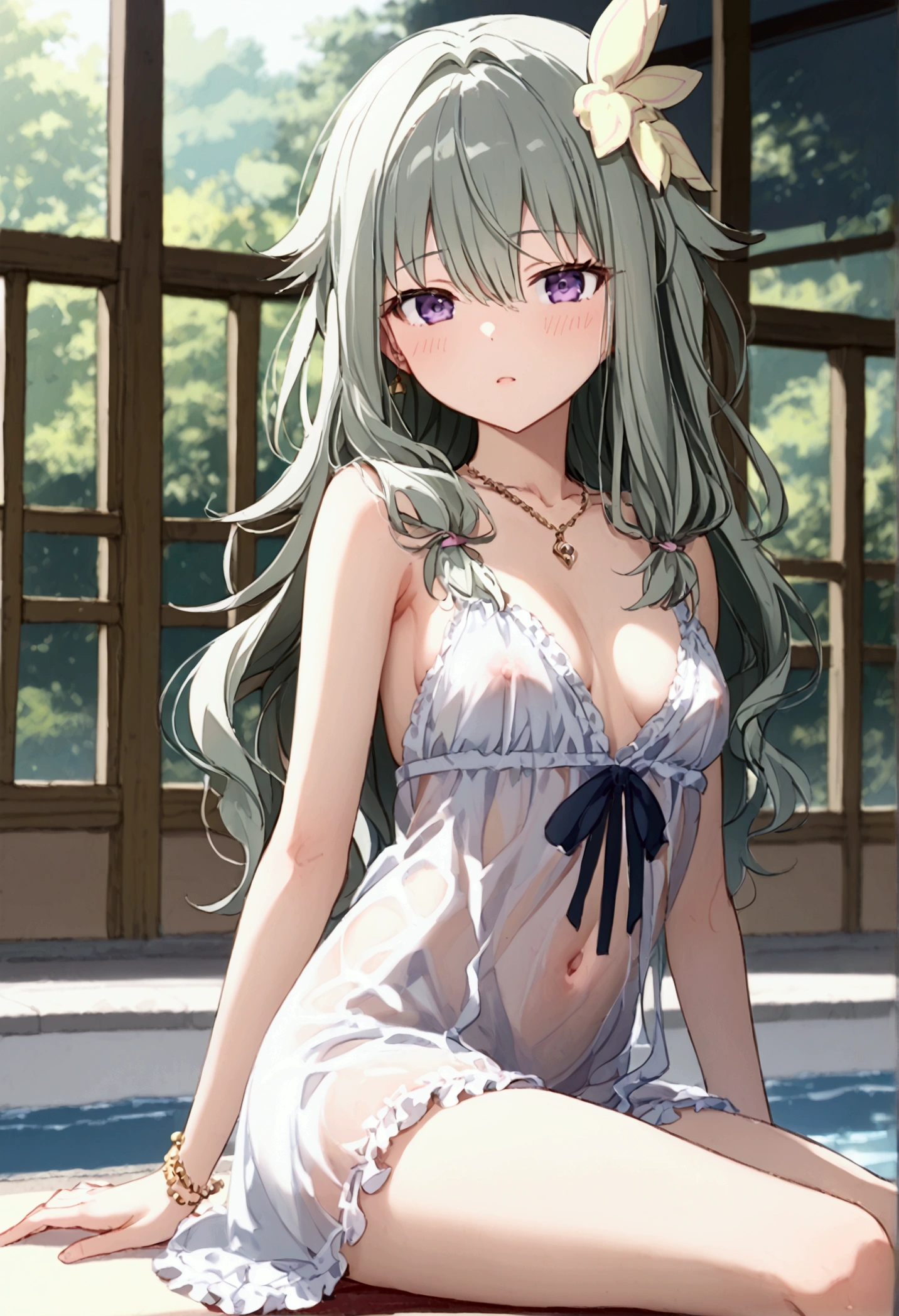  High image quality 、masterpiece、  high quality、Full HD、4K 、Side view、Sit down、Kusanagi Nin々、Silver long hair、Tie the ends of the hair with a string 、Purple Eyes、sleeveless plain white dress、 Simple Dress、Thin shoulder straps、 show me your thighs、Show me your side、Show me your collarbone、 flat chest、The area around the nipple is transparent、Underboob、Sideboob、blush、 makes your cheeks red、 poolside 