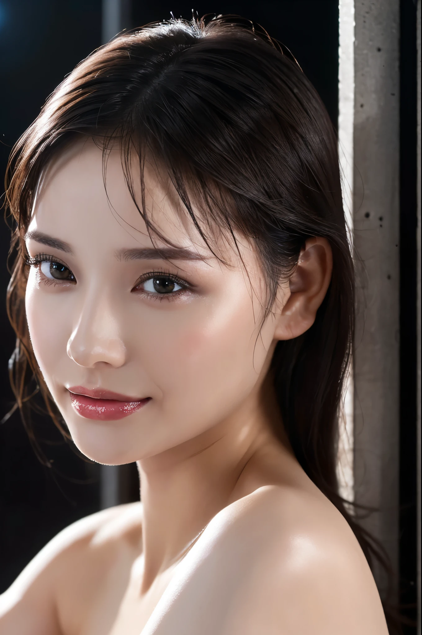 (Enhances the beauty of skin texture:1.1), highest quality、masterpiece, ultra high resolution、(Photoreal:1.4)、RAW photo、1 girl、shiny skin, wet body, dramatic lighting, RAW photo, table top:1.3, Super high resolution:1.0, sharp focus:1.2, beautiful woman with perfect figure:1.4, thin abs:1.2, wet body:1.5, Highly detailed face and skin texture, fine eyes, double eyelid, perfect facial balance, Clean system, smile, Soft light in a beautiful studio, rim light, vivid details, surreal, fine and beautiful skin, realistic skin, rubber suit, beautiful face, Beautiful woman, high solution face, Soft texture, nude, close up of face, glorious skin, face of glory, crazy high resolution, oily skin, oily face