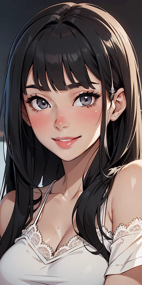 (Top Quality, Masterpiece, Ultra Realistic), Portrait of one beautiful and delicate girl with soft and peaceful expression, Single girl, Hair color, Bangs, Hairstyle fax, Portrait from waist up, Naked, bathing, sweating, ladies, Long black hair in light green, Grey eyes, Hair spread out in water, Dull bangs, Dipping in water up to chest, Smiling, Mouth wide open, Selfie, Very small breasts, Focus on mouth