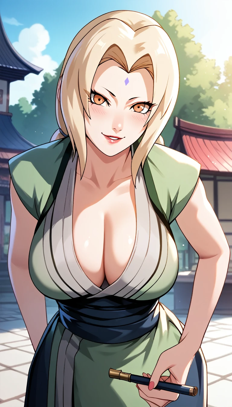 score_9,score_8_up,score_7_up,score_6_up,score_5_up,score_4_up,Tsunade (Naruto),Haori Hakama,Holding a pipe,Tilt head,Leaning forward,Attractive pose,Unusual pose,Cleavage,Wide buttocks,Very exposed,Shy,Looking at the viewer,Street of tenement houses,(Highly detailed CG unity 8k wallpaper),(Masterpiece),(Best quality),(Super detailed),(Best illustration),(Best shadow),(Absurd),Medium bust,NSFW,Smiling,