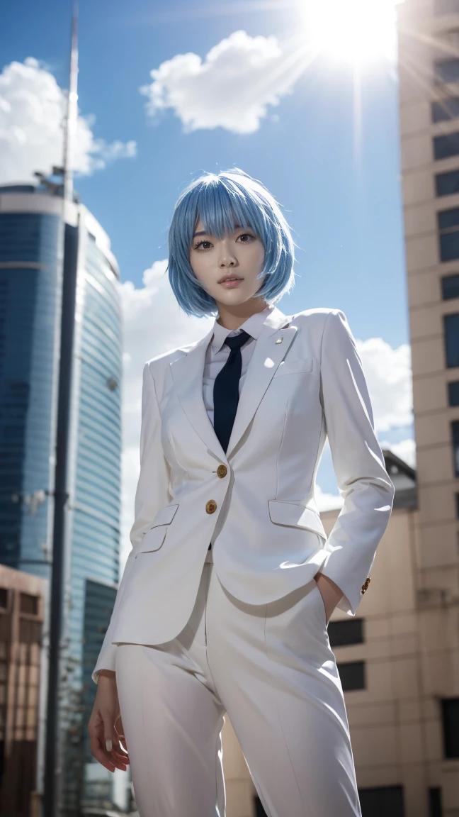 Rei Ayanami, Known for her short blue hair and red eyes,  under the sun shining softly through the clouds 、 cityscape . She breaks the fourth wall, Pose for a cowboy shot, Her hands stand on a highly detailed CG . Her Plug Suit, 白いボディsuit, Exquisitely designed、 Beautifully Finished in Every Detail ,  showing off anatomical perfection . suit, It&#39;s broken, Maintaining original quality ,  Rei Ayanami's Highly Detailed Face Under Perfect Lighting , featuring Rei Ayanami's highly detailed face under perfect lighting.  Achieving an 8K Wallpaper with Unmatched Beauty and Attention to Details {x} Her headgear adds a mystical vibe to this work, ( photorealistic:1.4), Japanese, (beautiful:1.1), ( one woman:1.5)