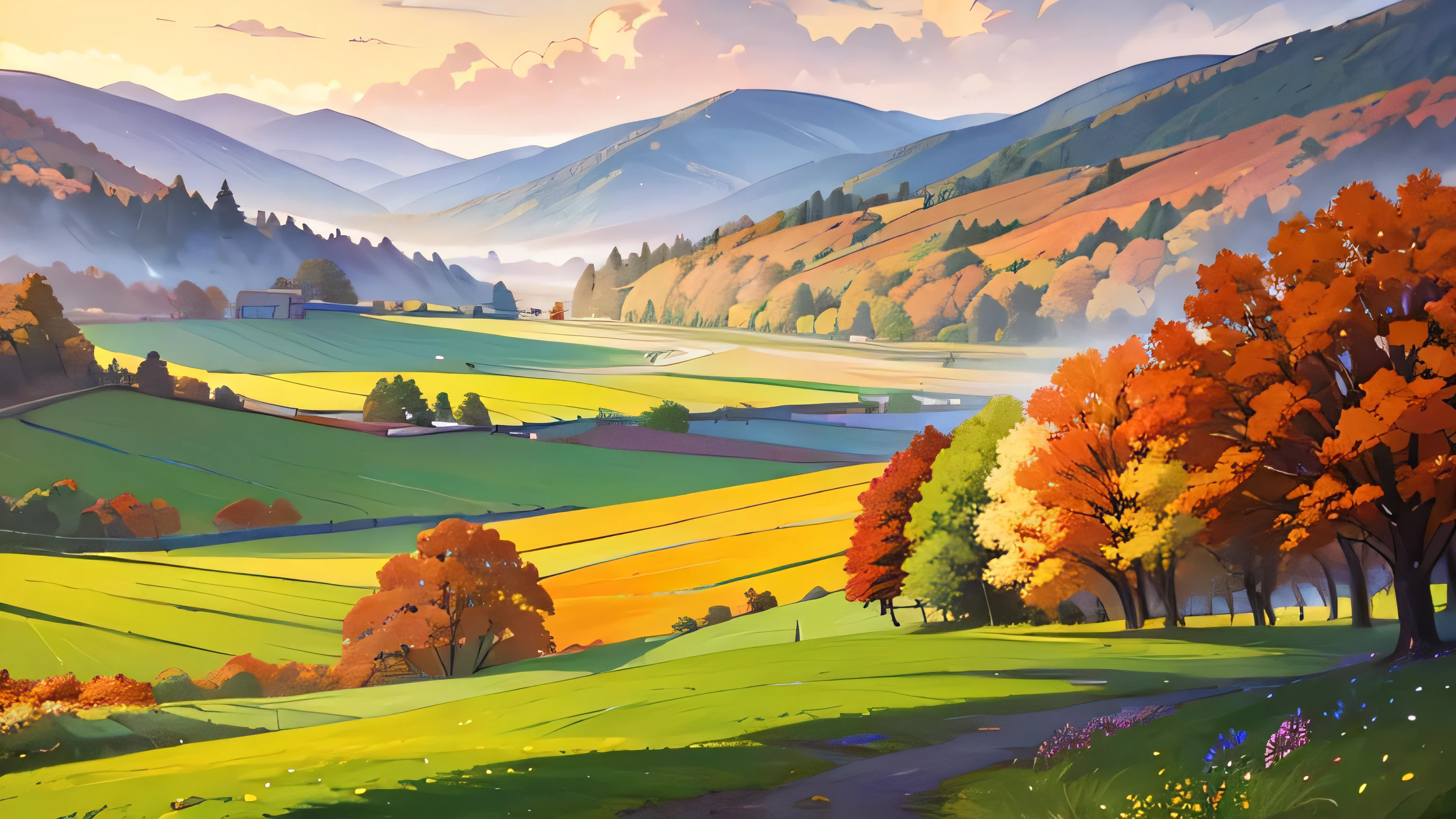 here is a picture of a country road with autumn flowers and trees, Digital Painting by Jond , shutter inventory, digital art, Lush countryside, landscape illustration background art , anime countryside landscape, Beautiful autumn landscape , Dreamy Scenery ,4K，From left to right