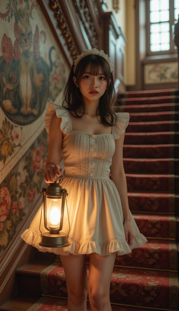 ultra-realistic, photorealistic, dramatic scene, shadow, global-illumination, solo, (teenage Japanese famous idol girl:1.5), very beautiful fragile Japanese girl, very beautiful with very cute but boyish cool face, detailed face, (modern maid:1.2), (wearing a cute colored maid outfits with frills:1.2), simple shoes, (very large breasts), slim waist, She is descending a gorgeous decorated staircase that leads to the basement of an old European castle, holding a brightly glowing antique lantern, antique, gorgeous, luxury, The faded walls are gorgeous decorated with mosaic art of many fat cats, Anxious expression, afraid, (face focus:1.5),