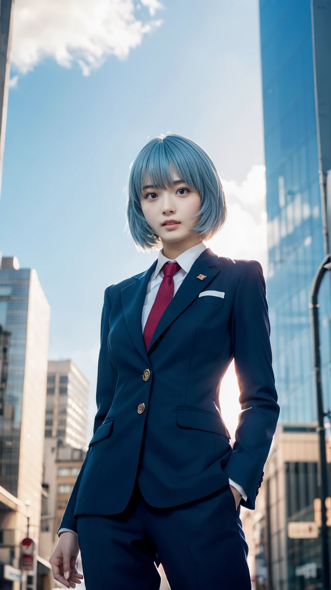 Rei Ayanami, Known for her short blue hair and red eyes,  under the sun shining softly through the clouds 、 cityscape . She breaks the fourth wall, Pose for a cowboy shot, Her hands stand on a highly detailed CG . Her Plug Suit, 白いボディsuit, Exquisitely designed、 Beautifully Finished in Every Detail ,  showing off anatomical perfection . suit, It&#39;s broken, Maintaining original quality ,  Rei Ayanami's Highly Detailed Face Under Perfect Lighting , featuring Rei Ayanami's highly detailed face under perfect lighting.  Achieving an 8K Wallpaper with Unmatched Beauty and Attention to Details {x} Her headgear adds a mystical vibe to this work, ( photorealistic:1.4), Japanese, (beautiful:1.1), ( one woman:1.5)