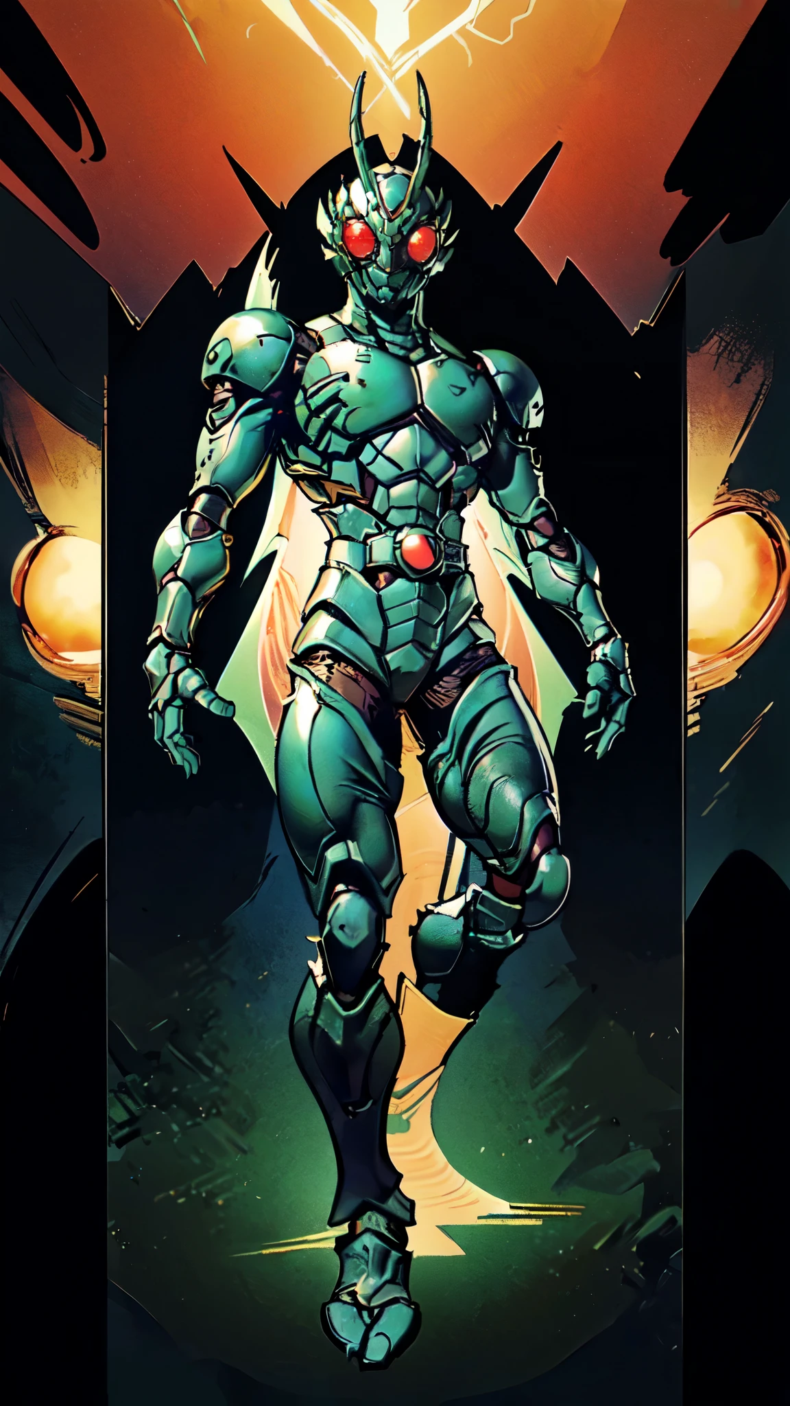 (masterpiece:1.5, best quality:1.5, extremely delicate:1.5), ((male:1.5)), a man wearing a full-face helmet, green eyes, fantasy-style high-tech biomimetic armored combat suit, (a composite layered chest armor), the design balances heavy with agility, fully enclosed shoulder guards, matching arm and leg guards, a belt of gemstone, (the color scheme is primarily Scarlet with White and Green accents, Organic Biotech, Concept Inspired by Demon Dragon, glowing eyes, armor glows, stand of a futuristic sci-fi city), this character embodies a finely crafted fantasy-style armored hero in anime style, exquisite and mature art style, metallic, high definition, highres, ultra-detailed, ultra-fine painting, professional, perfect body proportions, golden ratio, anatomically correct, symmetrical face, extremely detailed eyes and face, high quality eyes, creativity, RAW photo, UHD, 32k, Natural light, cinematic lighting, masterpiece-anatomy-perfect