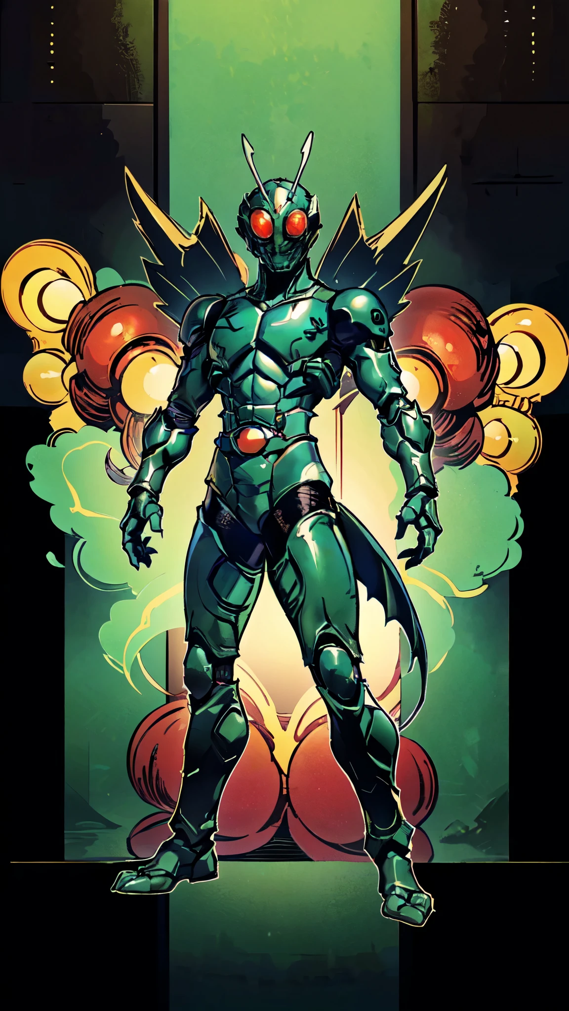 (masterpiece:1.5, best quality:1.5, extremely delicate:1.5), ((male:1.5)), a man wearing a full-face helmet, green eyes, fantasy-style high-tech biomimetic armored combat suit, (a composite layered chest armor), the design balances heavy with agility, fully enclosed shoulder guards, matching arm and leg guards, a belt of gemstone, (the color scheme is primarily Scarlet with White and Green accents, Organic Biotech, Concept Inspired by Demon Dragon, glowing eyes, armor glows, stand of a futuristic sci-fi city), this character embodies a finely crafted fantasy-style armored hero in anime style, exquisite and mature art style, metallic, high definition, highres, ultra-detailed, ultra-fine painting, professional, perfect body proportions, golden ratio, anatomically correct, symmetrical face, extremely detailed eyes and face, high quality eyes, creativity, RAW photo, UHD, 32k, Natural light, cinematic lighting, masterpiece-anatomy-perfect