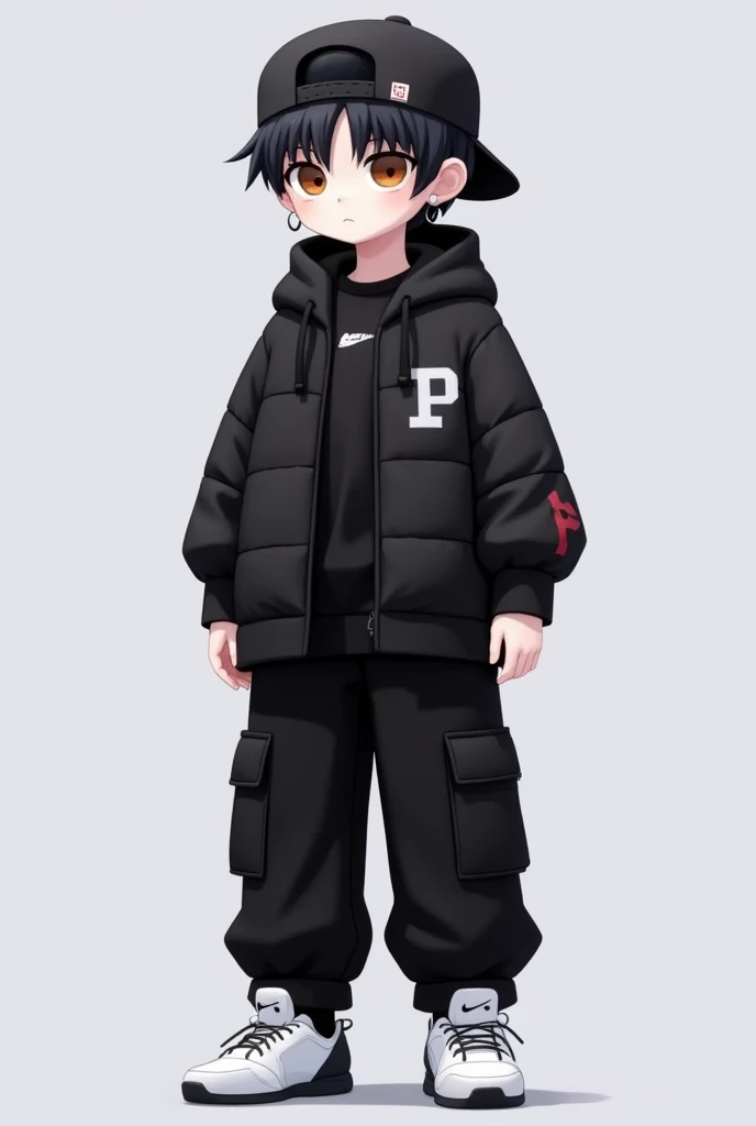 1boy,,backwards hat,baggy pants,bangs,baseball cap,black eyes,black footwear,black hair,black headwear,black jacket,black pants,brown eyes,closed mouth,earrings,full body,gradient,gradient background,grey background,hat,hood,hood down,hoodie,jacket,long sleeves,looking at viewer,nike,open clothes,pants,shirt,shoes,short hair,simple background,sneakers,solo,standing,white footwear