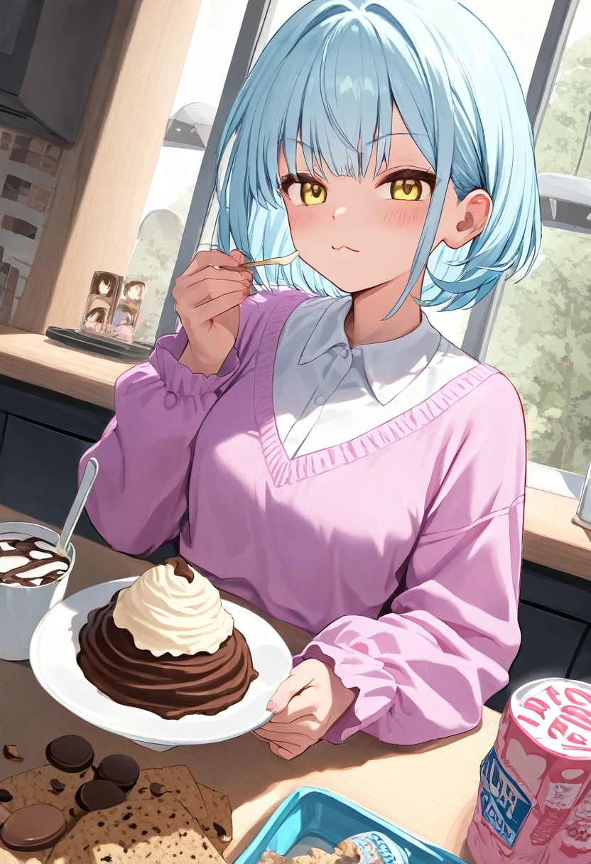 beautiful anime girl, light blue hair, short hair, hair made of ice cream, chocolate chips, pastel yellow eyes, pastel pink and pastel purple clothes, arrogant expression, beautiful, ultra-detail. 