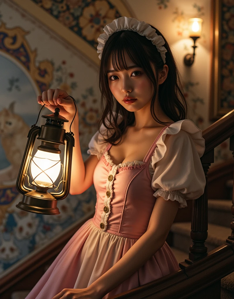 ultra-realistic, photorealistic, dramatic scene, shadow, global-illumination, solo, (teenage Japanese famous idol girl:1.5), very beautiful fragile Japanese girl, very beautiful with very cute but boyish cool face, detailed face, (modern maid:1.2), (wearing a cute colored maid outfits with frills:1.2), simple shoes, (very large breasts), slim waist, She is descending a gorgeous decorated staircase that leads to the basement of an old European castle, holding a brightly glowing antique lantern, antique, gorgeous, luxury, The faded walls are gorgeous decorated with mosaic art of many fat cats, Anxious expression, afraid, (face focus:1.5),