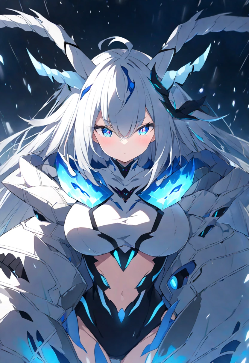 Close up of anime Monster Girl, Monster Girl, white coat, anime character. full body art,  high leg、 big breasts at the temple、Big horn、Snowfield、Snowstorm、Blue light