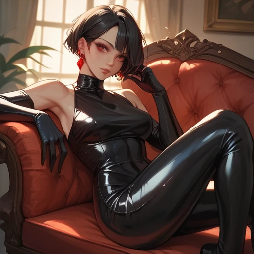 sexy girl breasts,  Crystal earrings , Short black hair with a red/red tuft Red Eyes ,  Red Eyes wears a latex dress and is sitting on a couch