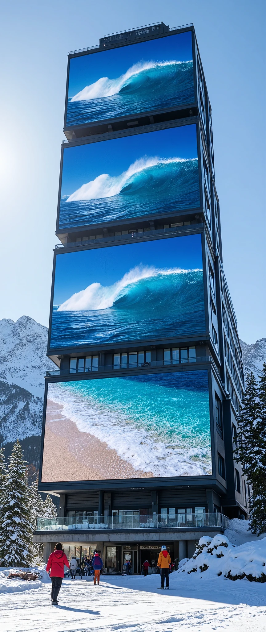 (masterpiece:1.2),(Best Quality),(Super detailed),(  Ultra High Definition),(  photorealistic),(  RAW Photos),16k, wallpaper,  Close up of a ski resort hotel building composed of multiple LED screens , All LED screens depict Hawaiian ocean views  ,progressive,  Installation Art,(noon)