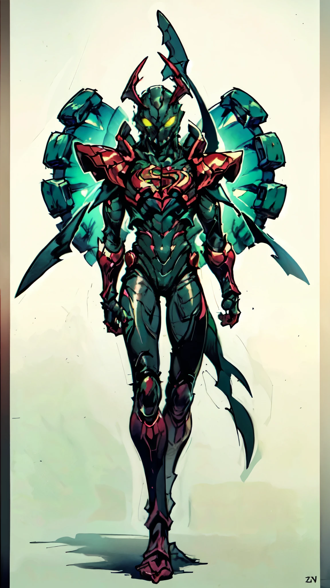 (masterpiece:1.5, best quality:1.5, extremely delicate:1.5), ((male:1.5)), a man wearing a full-face helmet, green eyes, fantasy-style high-tech biomimetic armored combat suit, (a composite layered chest armor), the design balances heavy with agility, fully enclosed shoulder guards, matching arm and leg guards, a belt of gemstone, (the color scheme is primarily Scarlet with White and Green accents, Organic Biotech, Concept Inspired by Superman, glowing eyes, armor glows, stand of a futuristic sci-fi city), this character embodies a finely crafted fantasy-style armored hero in anime style, exquisite and mature art style, metallic, high definition, highres, ultra-detailed, ultra-fine painting, professional, perfect body proportions, golden ratio, anatomically correct, symmetrical face, extremely detailed eyes and face, high quality eyes, creativity, RAW photo, UHD, 32k, Natural light, cinematic lighting, masterpiece-anatomy-perfect