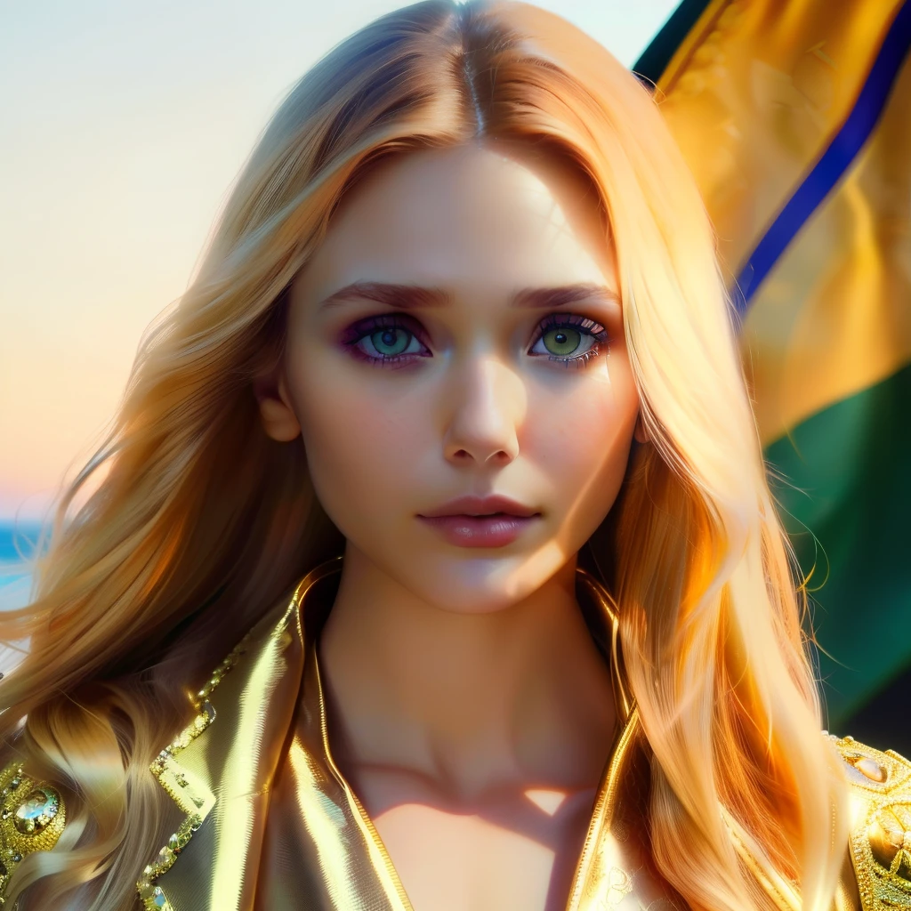 (( full body )) Photo of a (( breasts)) woman with golden hair, epic (Photo, Hard light, sony a7, 50mm, Matte skin, flag, hyperdetailed, hyperrealistic), ethereal, perfect face , Perfect lips, perfect eyes , ((symmetrical)), showing her