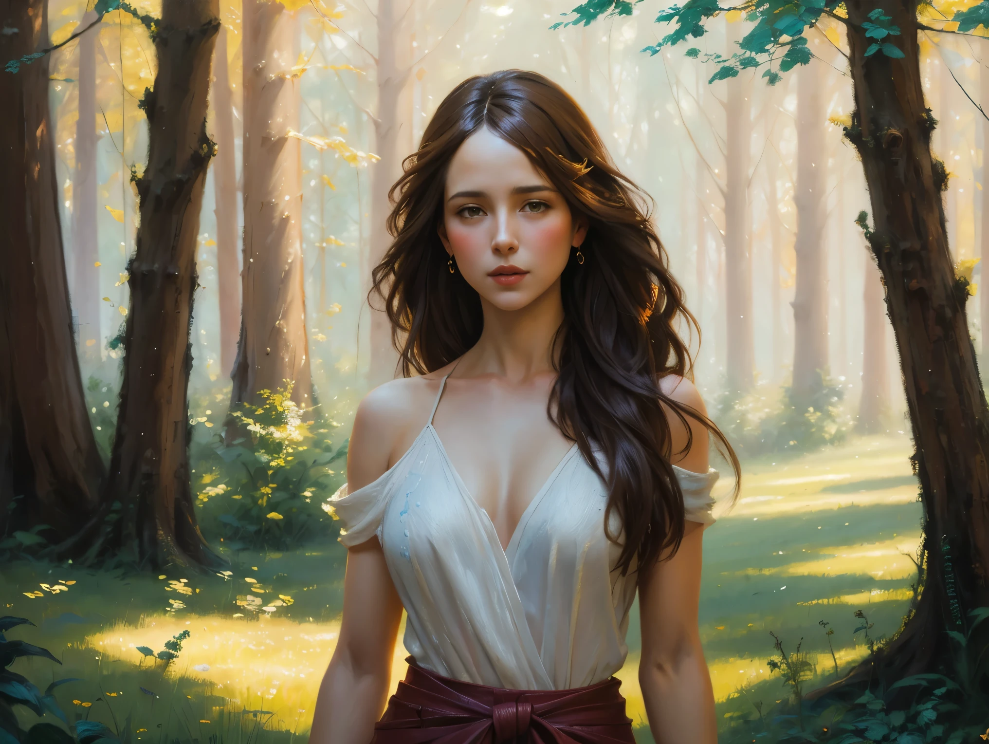 potrait of a woman, oil, painting, single, (style of Henry Asencio:1.5), (masterpiece, best quality:1.3), (highly detailed:1.5), UHD, 8K, beautiful, smiling, outdoor background, wind, ray of sunlight, forest, (amazing background)