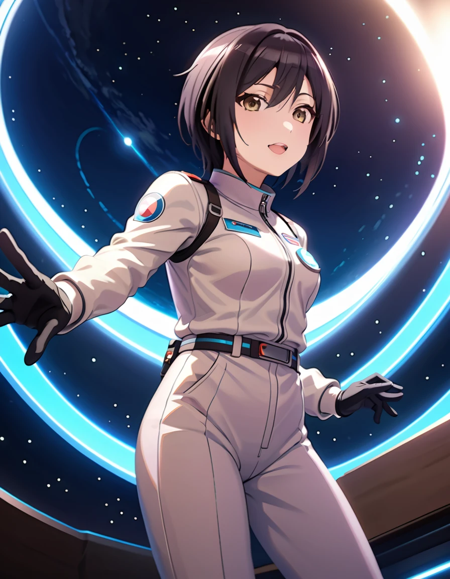 (spacesuit:1.15), white cargo pants, astronaut)bubble helmet, space helmet, gloves , , looking close at you, outer space, floating, masterpiece, best quality, 1girl, beautiful,  image from below, solo, , shirase sakuya, srssky, black hair, straight hair, bangs, yellow eyes, large breasts, happy, difficulty breathing, waving, fullbody