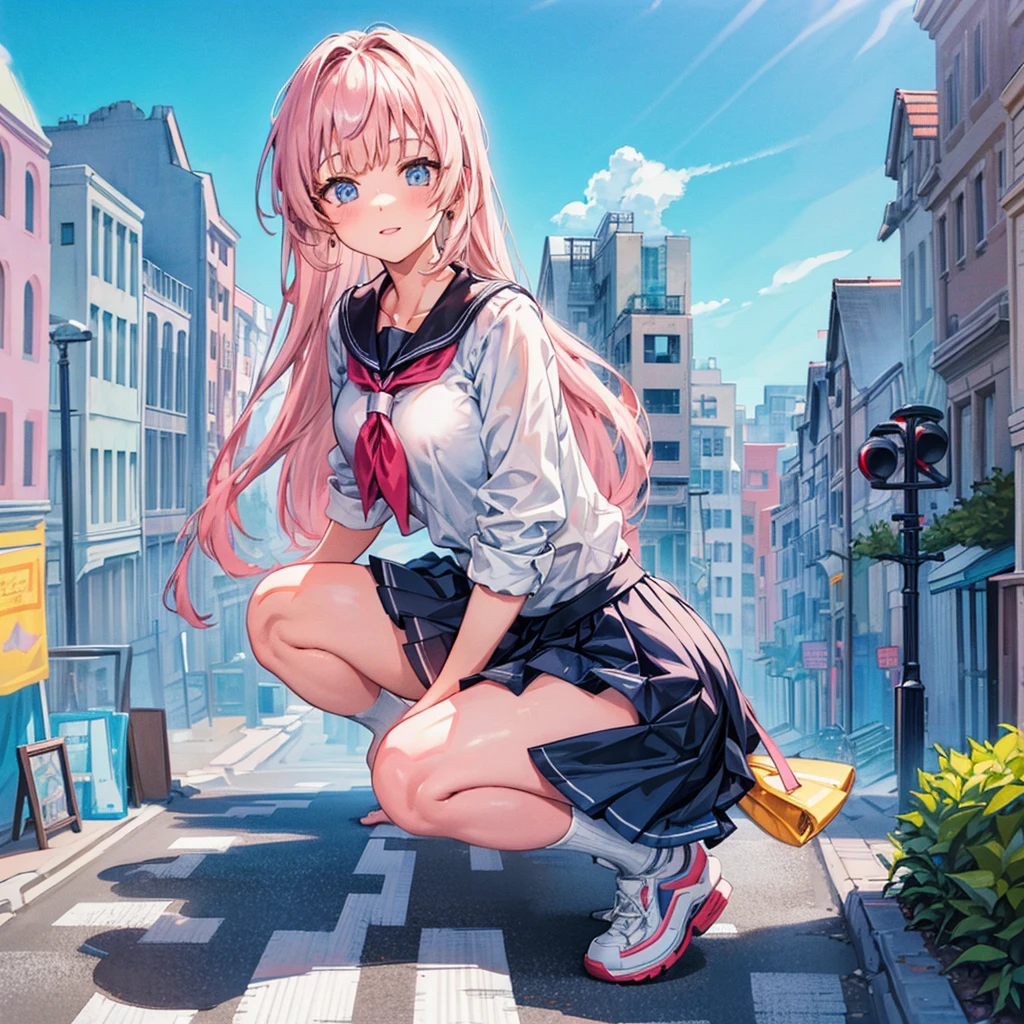 (masterpiece:1.2), (best quality:1.3), highres, ultradetailed, vibrant colors, 1girl, perfect anatomy, giant girl, (crowd of pedestrians:1.1), (cars:1.1), <lora:gotou_hitori_v1:1>, gotou1, gotou hitori, skirt, pink jacket, track jacket, bangs, hair between eyes, long sleeves, medium breasts,  <lora:GTSv5:1>, gts, sitting, scared, shocked, blushing, hands covering mouth, city street