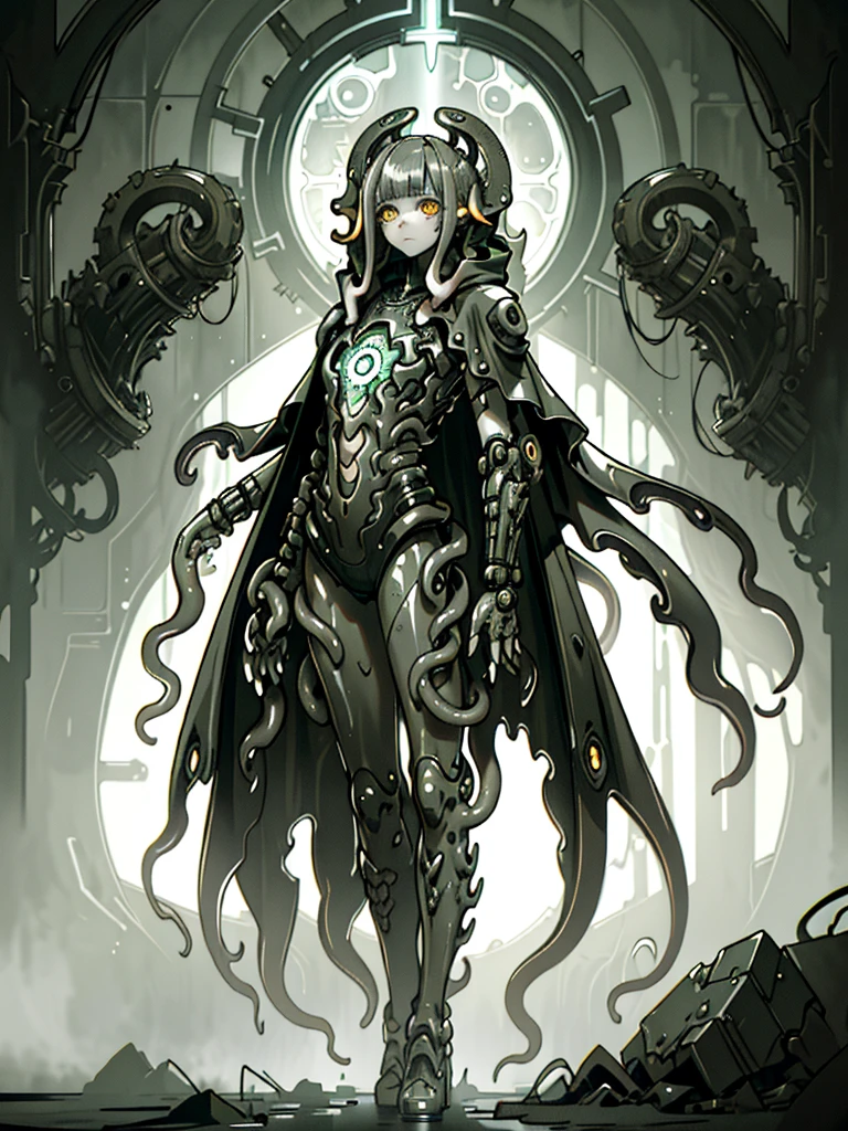 (((gloomy tentacle biopunk))), ((gloomy biopunk girl)), ((closed clothing)), biopunk cape-shaped clothes, closed pose, hands together, cold lighting, abandoned biopunk landscape, (scorn videogame style), horror atmosphere, presence of something terrible, highly detailed biopunk background, background by Hans Giger, perfect anatomy, masterpiece