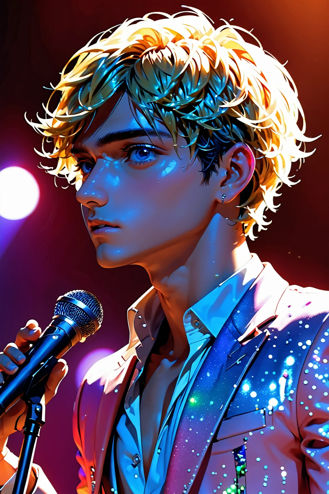 (best quality, Masterpiece, detailed eyes,  high res,  Detailed ), ( beautiful animation ), male:1, semi_realistic, young man, 23 year old , hyundai, USA, New York, singer, holding mic, colorful stage costume, sensitivity, coolness , decadent. sharpness, thin body, Blonde,  short hair ,  blue eyes, cowboy cut