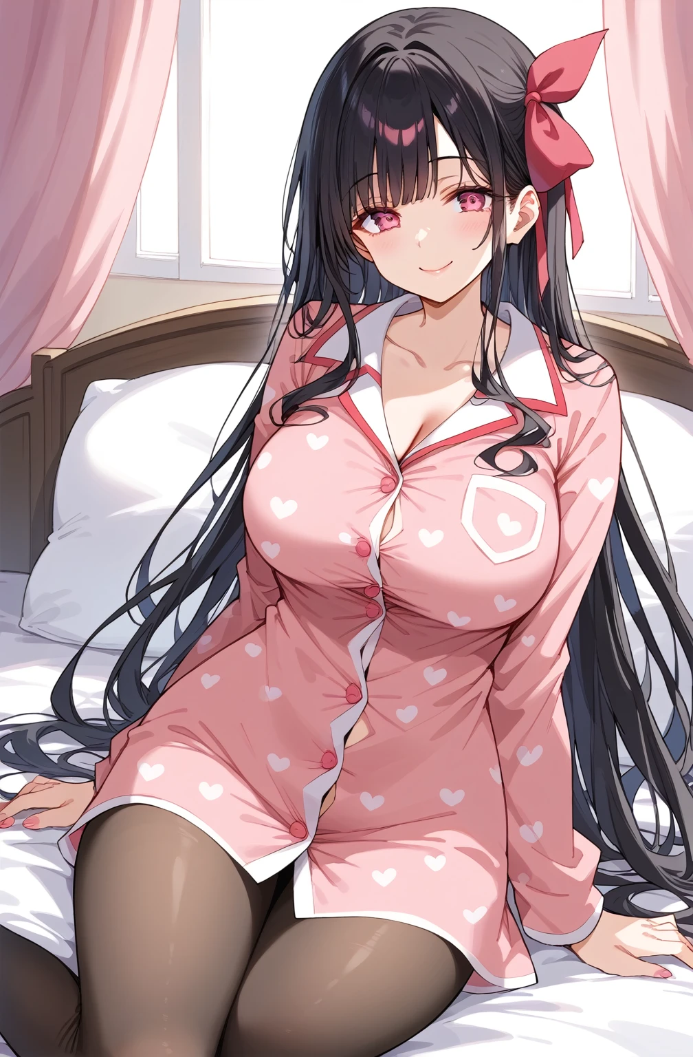 source_Cartoon, Morning Fragrance  ,    deep black hair with red ..extra long hair,  Pink Eyes ,  1 girl in , A brown , Ahead,  hair ribbon ,  Black and Red Hair  ,  Pink Eyes , ,  pink nails ..Smile..pantyhose..Cool Tulle Button Pajamas.. mature..