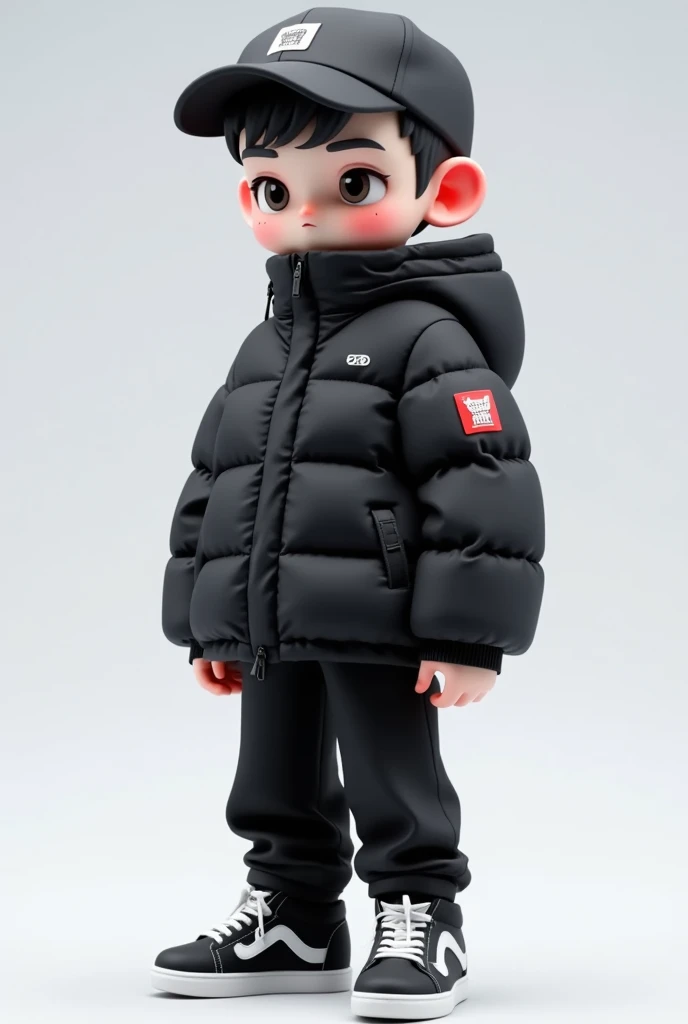 cartoon model，boy，black down jacket ，Peaked Cap