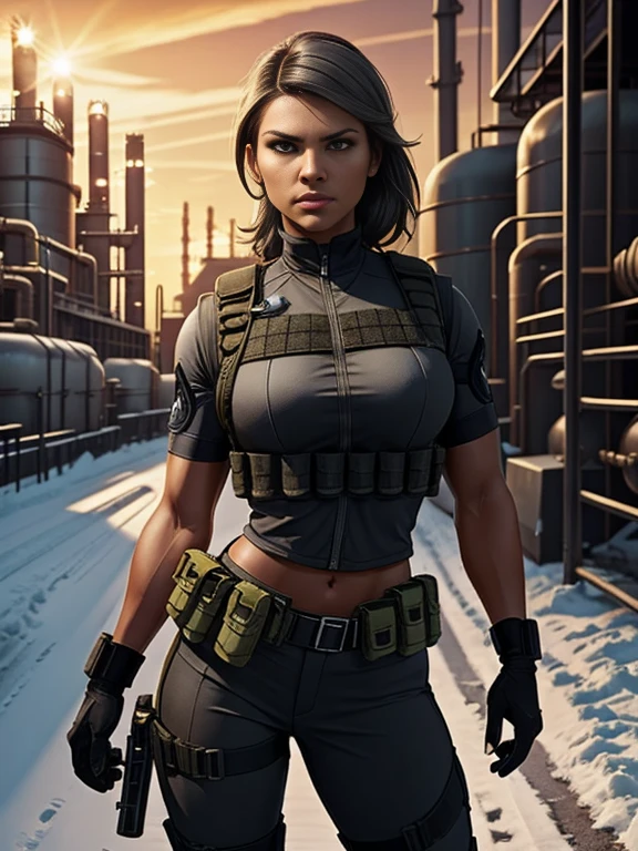 Create a beautiful and fit female character from the video game Rainbow Six, she's designed by Vivian Rocray. She's Navajo, she's 27-years-old, has tan-bronze skin, amber colored irises and her hair is black and short, she has an athletic and agile physique. (She is wearing a gray tactical suit, bulletproof vest, gloves, a utility belt wraps around her waist, carrying essential equipment such as grenades, electronical devices, and ammunition pouches, Holsters that contain both pistols and combat knives for close-quarters encounters) She has an intense, intimidating stare that shows she pulls no punches. Action pose, dynamic pose. Dramatic lighting, high contrast, 8k wallpaper, Rainbow Six based setting, night time, snowing, oil refinery
