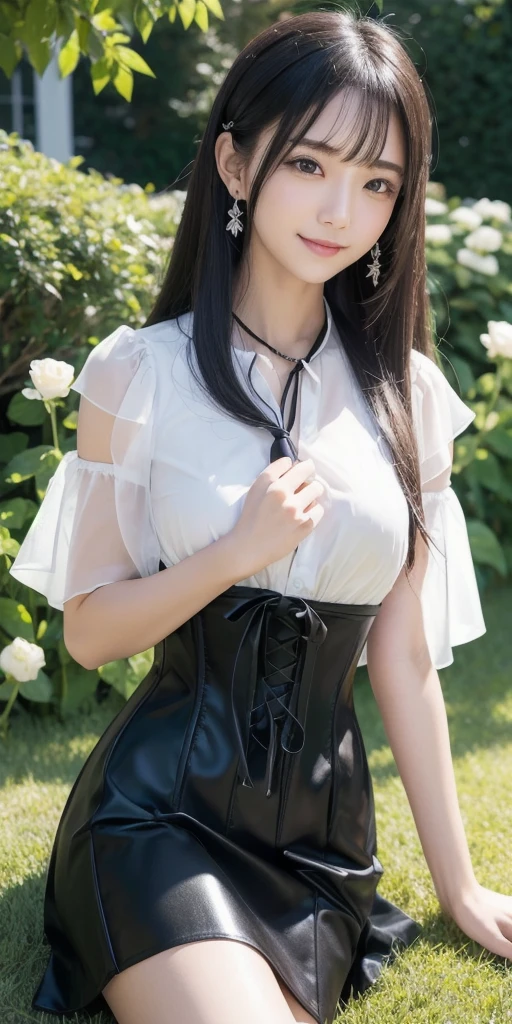 (nsfw), sexy stylish Thai model, only 1 female, ((doll-like appearance)), short Auburn stylish hair, ((shiny Victorian-Style boots)), (big smile), ultra detailed eyes, vivid eye makeup, lipgloss, long lashes, defined eyebrows, ((sexy Paradise Kiss cosplay)), bell-shaped skirt, petticoats, high neckline, puffed sleeves, ((ultra detailed lace)), ((ultra detailed embroidery)), intricate details, Paradise Kiss accessoires and matching headpiece, choker, ((large sparkling Paradise Kiss jewelry)), cinematic light, detailed large park background with trees