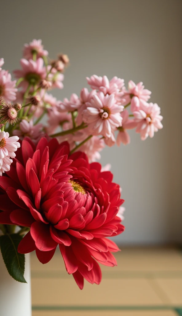 (Best Quality、masterpiece、 Hi-Res)、 RAW photos from the last century、 Film Grain 、  minimalist image 、Wabi-sabi art、赤い花とピンクの花がメインのFloral arrangement、Gypsophila、180mm x 90mm 畳、Tatami room、Floral arrangement、
 simple background,  background blur,  Look Down, 