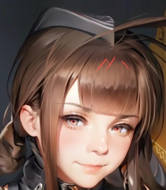 (masterpiece,  Best quality :1.2),illustration,8K, High Definition ,1 girl,Alone,cowboy shot, asymmetric briefs dsr-50   (girls frontline), brown hair, very long hair , big breasts shirt,has,red eyes, tall averages, straight bangs ,tie, gray shirt ,mini skirt,gray skirt,choke,smile,corset,blush, lining cap , black gloves ,cable,asymmetric stockings ,pleated skirt,sideburns, belt,Braid,cruz, elbow gloves , eyebrows visible through the hair, hair ornament ,fork,short gloves,high neck, simple elbow glove , skin indentation , sleeveless shirt ,thigh pouch , thigh strap ,