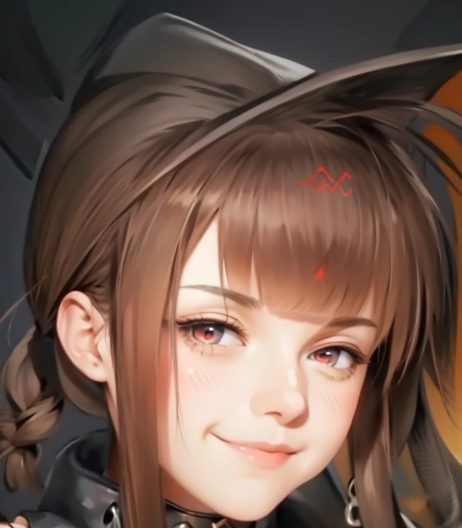 (masterpiece,  Best quality :1.2),illustration,8K, High Definition ,1 girl,Alone,cowboy shot, asymmetric briefs dsr-50   (girls frontline), brown hair, very long hair , big breasts shirt,has,red eyes, tall averages, straight bangs ,tie, gray shirt ,mini skirt,gray skirt,choke,smile,corset,blush, lining cap , black gloves ,cable,asymmetric stockings ,pleated skirt,sideburns, belt,Braid,cruz, elbow gloves , eyebrows visible through the hair, hair ornament ,fork,short gloves,high neck, simple elbow glove , skin indentation , sleeveless shirt ,thigh pouch , thigh strap ,