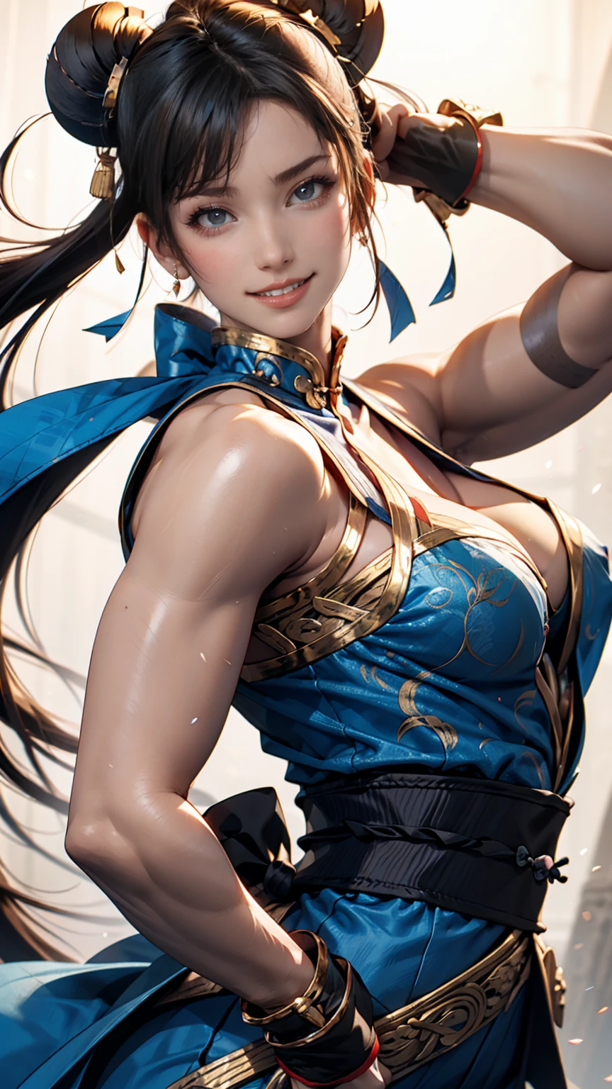 Chun-Li&#39;s face, cat ears, red Chinese clothing, sitting and smiling, anime style、 full body photo