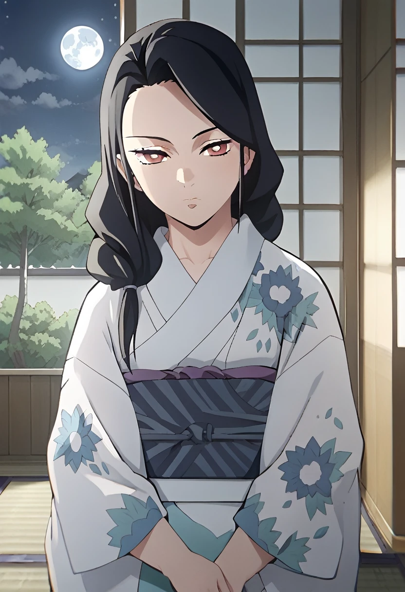 score_7_up, BREAK source_anime, RRukaV4XL, 1girl, solo, looking at viewer, closed mouth, japanese clothes, open kimono, undressing, shy face, bright pupils, floral print, open white kimono, hair over shoulder, japanese house, tatami, indoors, night, moon, sliding doors, standing, beautiful body, beautiful legs, 