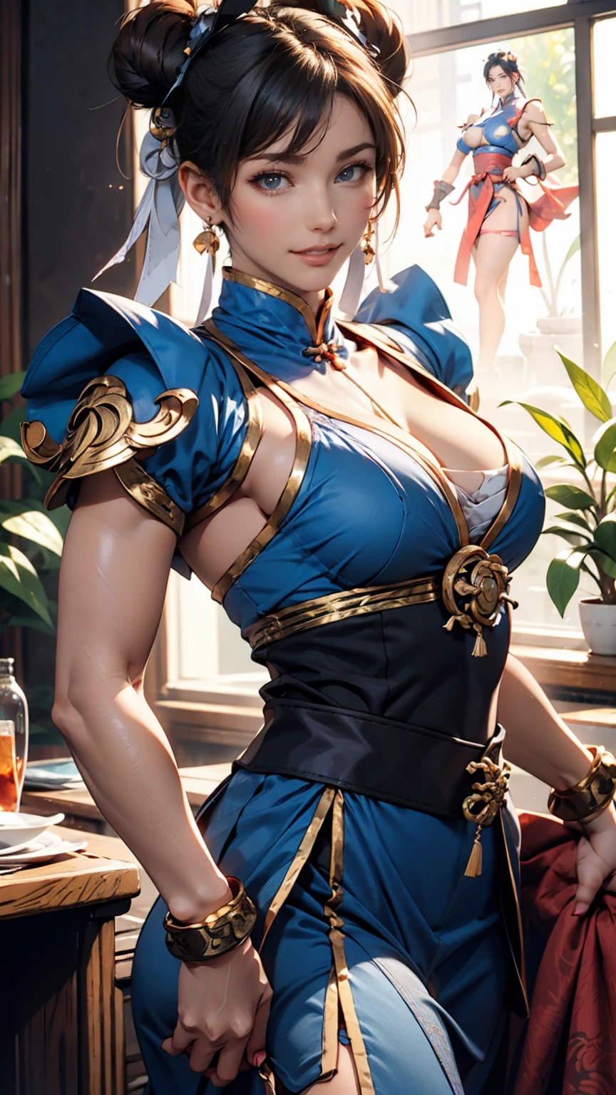 Chun-Li&#39;s face, cat ears, red Chinese clothing, sitting and smiling, anime style、 full body photo